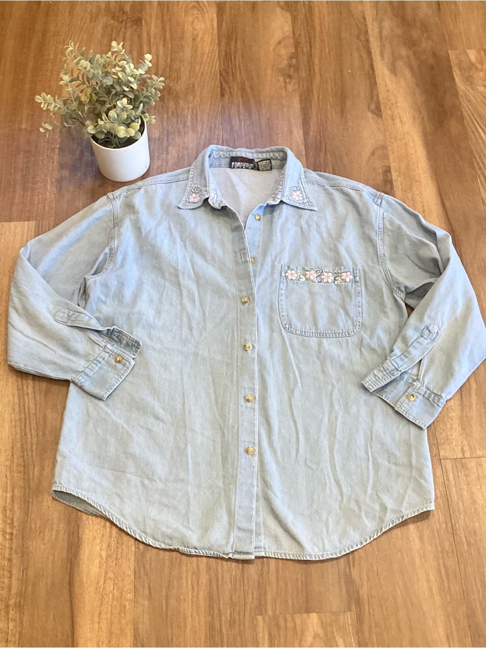Vintage Tribes Cotton Denim Button-Up Shirt with Floral Embroidered Trim